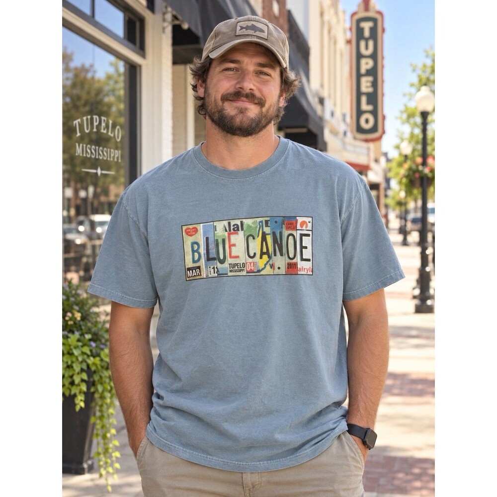 Comfort Colors Blue Canoe Tupelo MS T-Shirt XL License Plate 100% Cotton Unisex